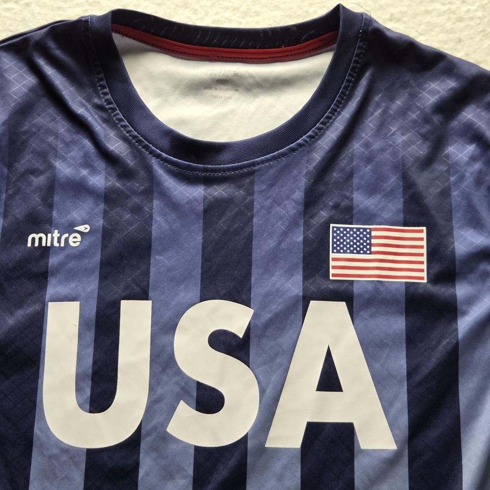 USA Soccer Shirt Mens Large Blue Striped Flag Mitre Jersey Top Football
